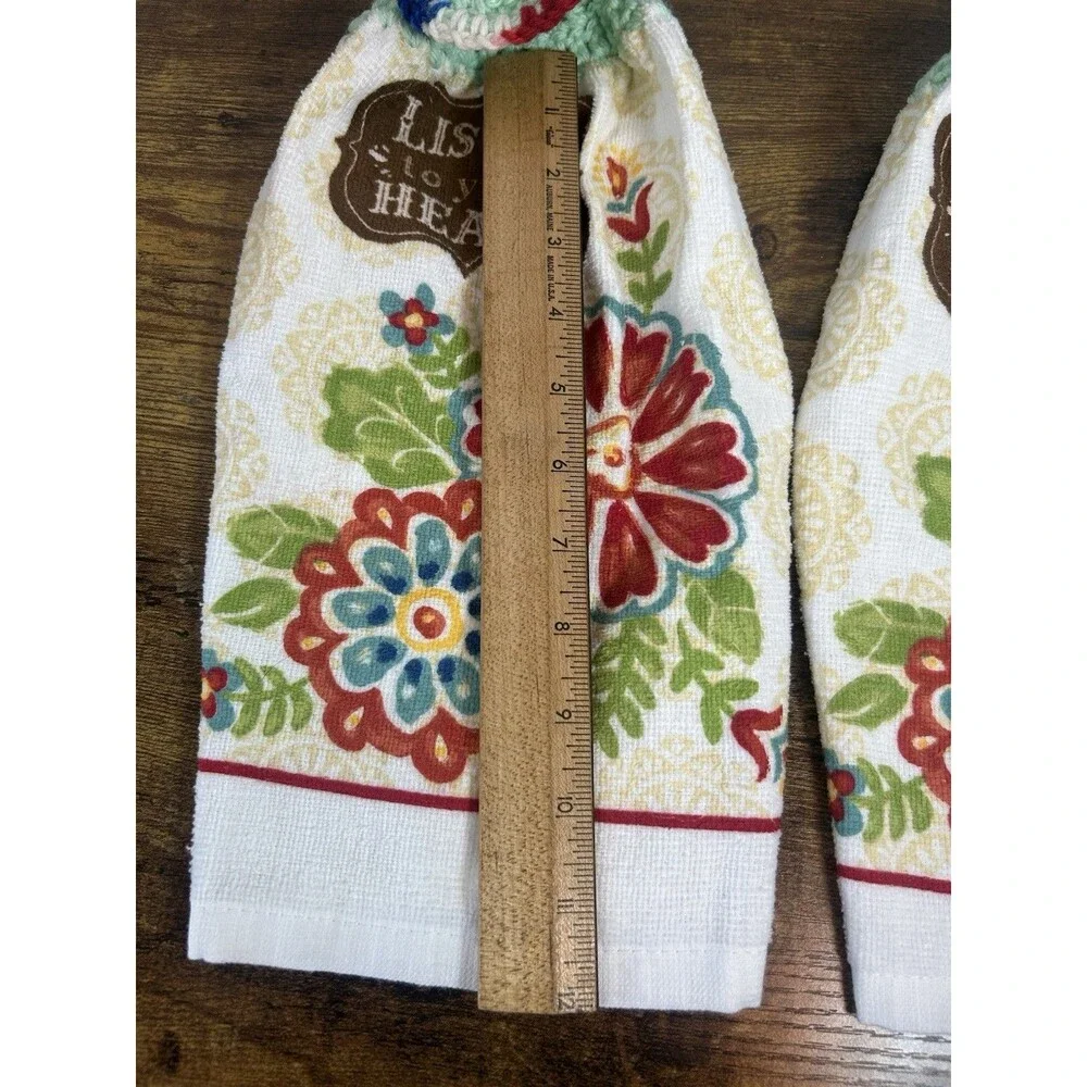Set (2) Listen To Your Heart Floral Hanging Kitchen Towels Crochet Top Boho Home